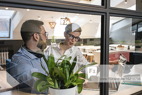 Geschäftsmann schaut auf selbstbewusste Geschäftsfrau  die auf einen Laptop zeigt  während sie im Coworking Space diskutiert