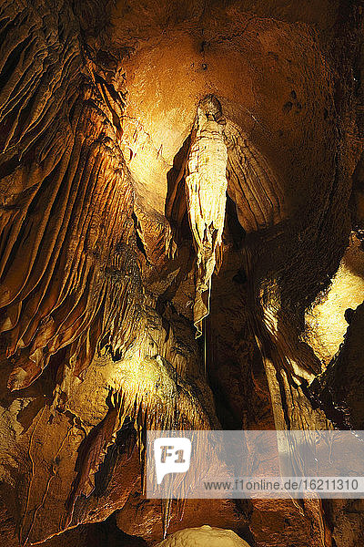 Germany  Bavaria  Franconia  Upper Franconia  Franconian Switzerland  View of Sophienhoehle cave with stalactite