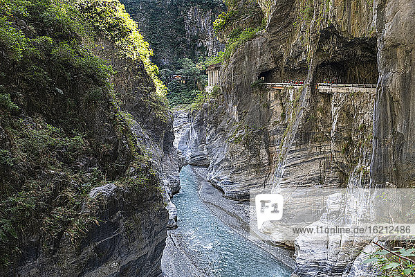 Taiwan  Hualien county  Taroko National Park  Taroko gorge with road and tunnel