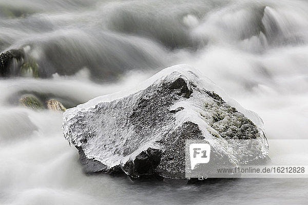 Deutschland  Hessen  Eis auf Felsen im Fluss