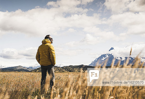 Mann auf einer Wiese im Torres Del Paine National Park  Chile  Patagonien  Südamerika