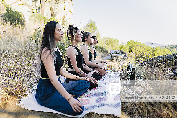 Frauen mit geschlossenen Augen üben Yoga im Wald