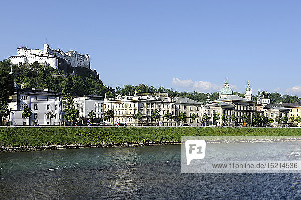 Austria  Salzburg  View of Hohensalzburg Castle and University near Salzach River