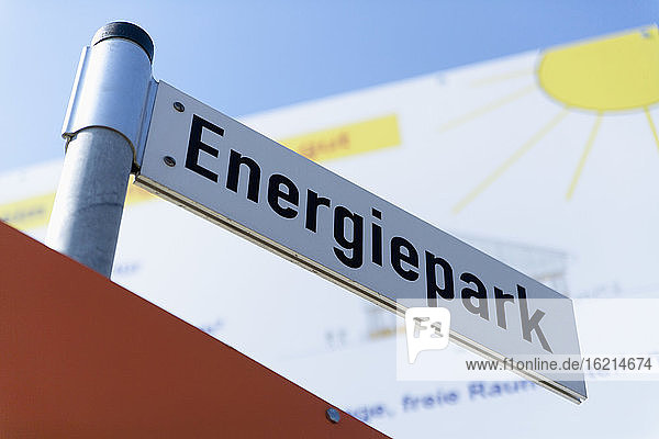 Germany  Bavaria  Sign post at photovoltaic park