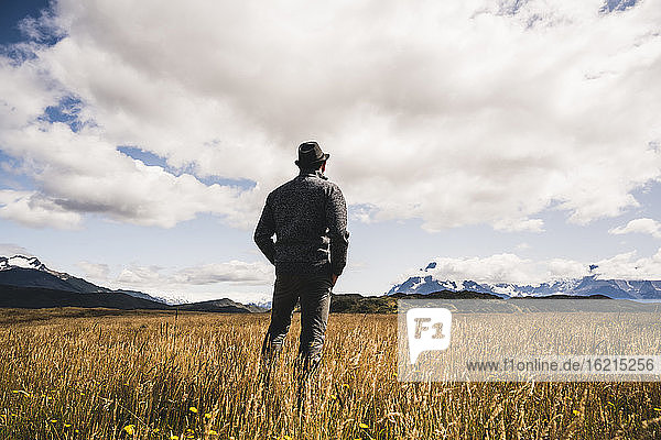 Mann  der die Aussicht betrachtet  während er im Torres Del Paine National Park  Chile  Patagonien  Südamerika steht