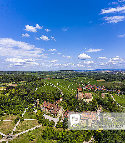Deutschland  Baden-Württemberg  Brackenheim  Blick aus dem Hubschrauber auf Schloss Stocksberg und das umliegende Dorf im Sommer
