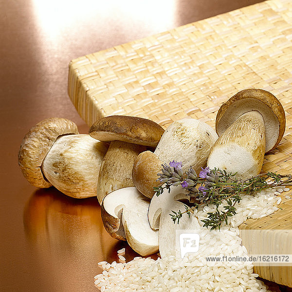 Ceps  rice grains and thyme