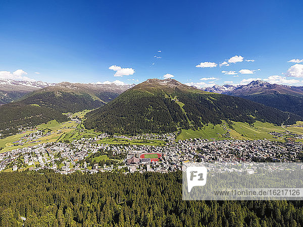 Switzerland  Canton of Grisons  Davos  Aerial view of alpine town in summer