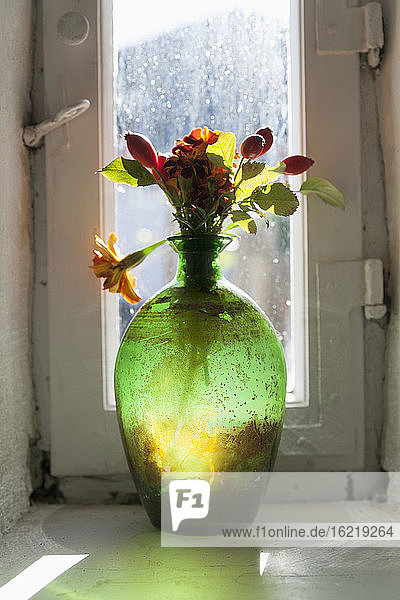 Deutschland  Blumen in alter Vase am Fenster eines Bauernhauses