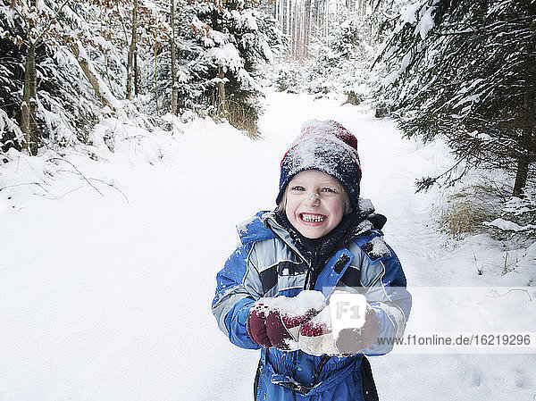 Austria,  Boy playing with snow in forest