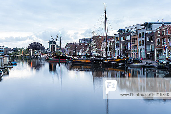 Netherlands  South Holland  Leiden  Sailboat moored in old harbor by Galgewater