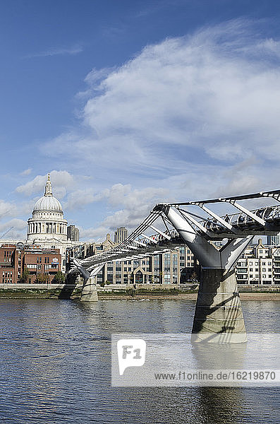 United Kingdom  London  View of Millennium Bridge with St Pauls Cathedral in background
