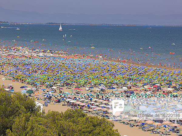 Italy  Udine  View of beach with sunshades
