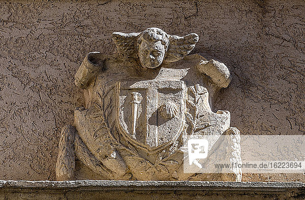Frankreich  Provence  Vaucluse  Le Barroux  Wappen auf dem Dach des ehemaligen Krankenhauses (18. Jahrhundert)