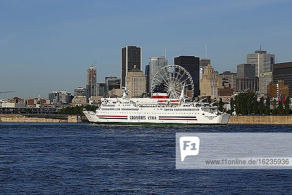 Cruise ship arrival in the Old Port in front of skyline with skyscrapers  Montreal  Province of Quebec  Canada  North America
