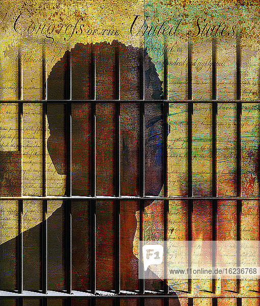 Die Bill of Rights der Vereinigten Staaten und ein junger Mann hinter Gittern