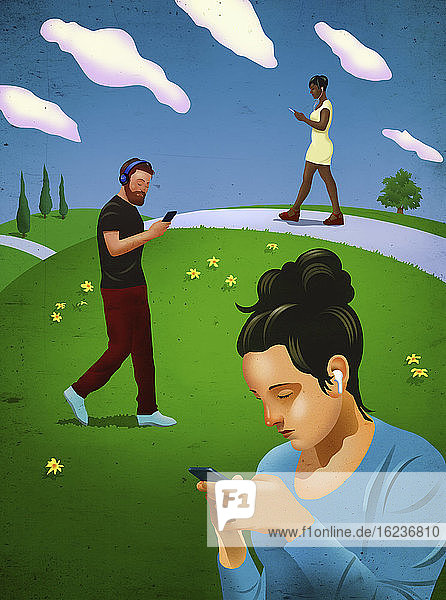 Menschen im Park besessen von Smartphones