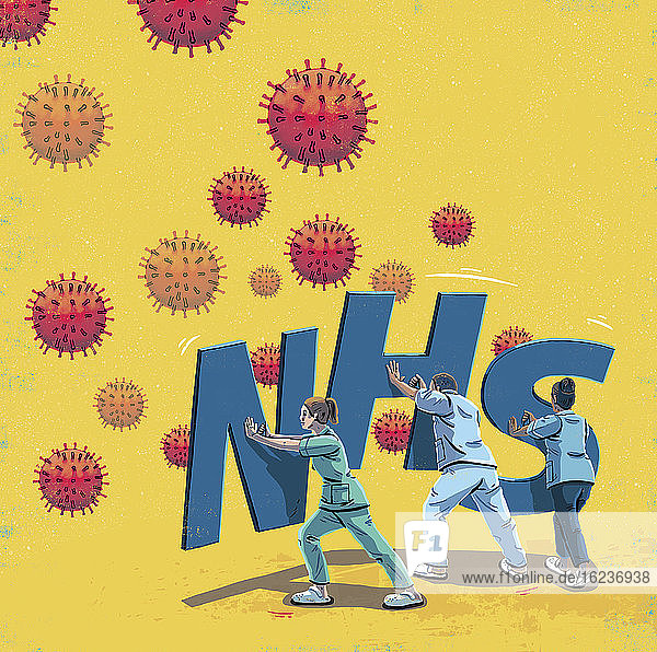 Beschäftigte im Gesundheitswesen mit NHS-Schutzschilden gegen Coronavirus