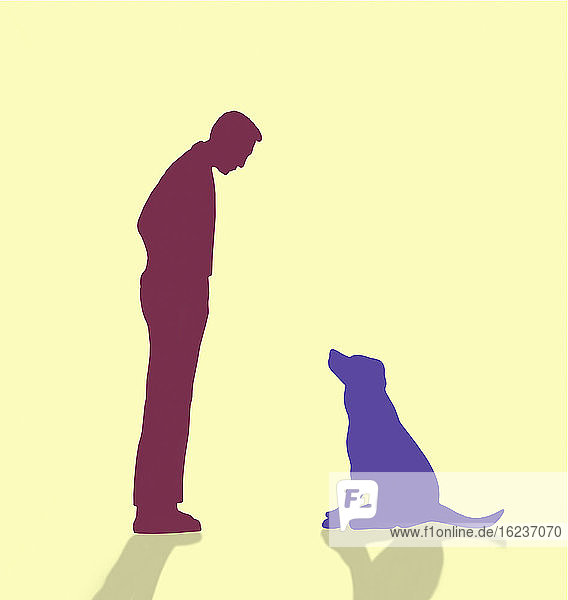 Mann und Hund schauen sich an