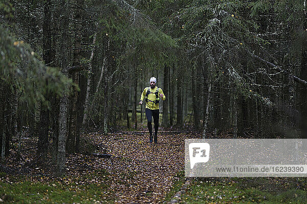 Mann läuft im Wald