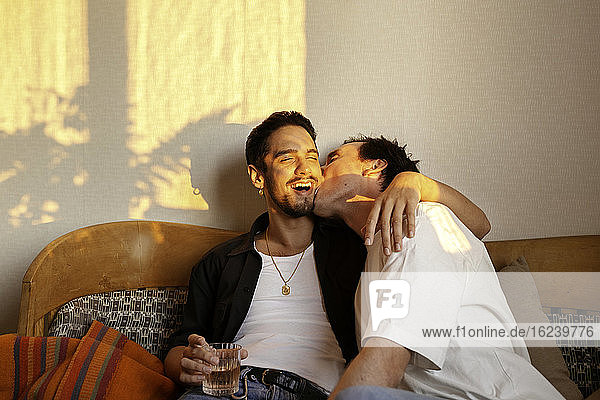 Lächelndes männliches Paar sitzt auf einem Sofa