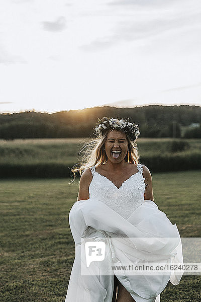 Bride sticking her tongue out