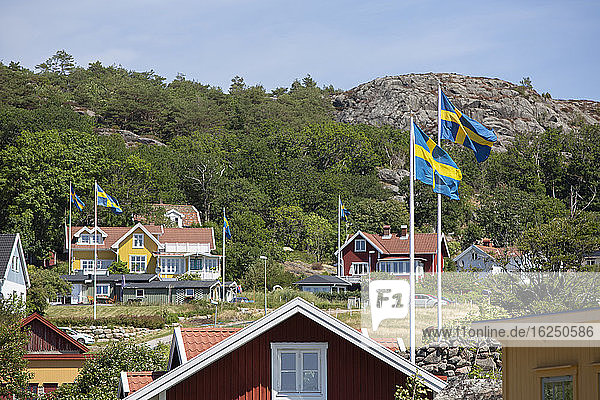 Schwedische Flaggen und Häuser im Sommer
