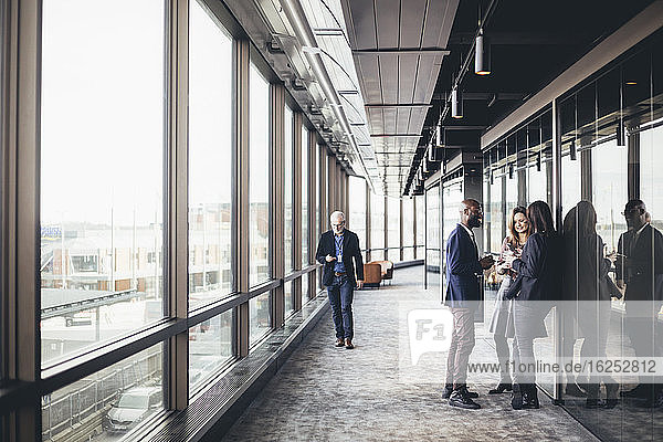 Lächelnde Unternehmer unterhalten sich  während ein Kollege im Bürokorridor geht