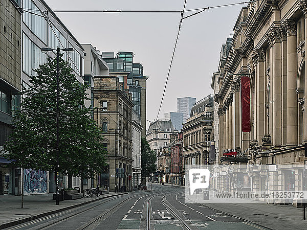 Verlassene Straßen im Stadtzentrum von Manchester während der Abriegelungsphase im Zuge der Coronavirus-Pandemie.