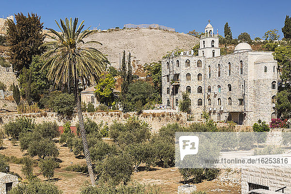 Cemetery with olive trees at the foot of the fortified stone wall of the Old City of Jerusalem, Israel.