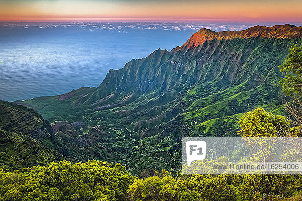 Blick vom Pu'u O Kila Lookout auf die Küste von Na Pali und das Kalalau-Tal Sonnenuntergangsglühen auf der schroffen Klippe Koke'e State Park; Kauai Hawaii Vereinigte Staaten von Amerika