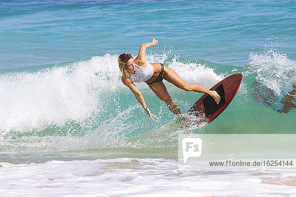 Eine junge Frau  die auf einer Welle vor Sandy Beach  Oahu; Oahu  Hawaii  Vereinigte Staaten von Amerika  auf dem Skimboard fährt