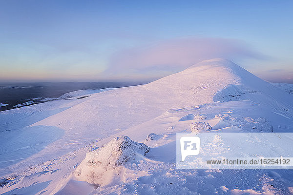 Schneebedeckter Gipfel des Galtee Mor bei Sonnenaufgang im Winter  Galty Mountains; Grafschaft Tipperary  Irland