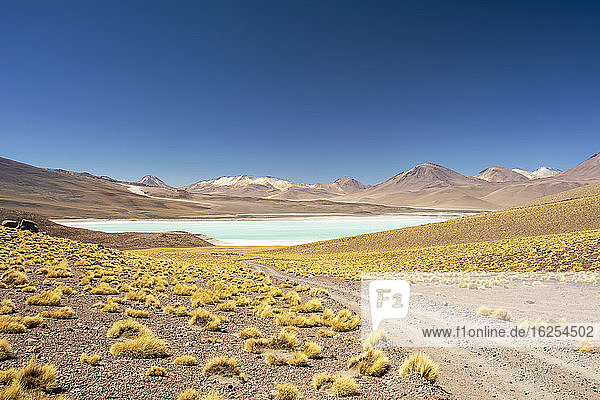 Schotterstraße führt zu einer hochgelegenen Lagune inmitten einer farbenprächtigen südamerikanischen Landschaft in den Anden Eduardo Avaroa Andenfauna-Nationalreservat; Potosi Sur Lipez Bolivien