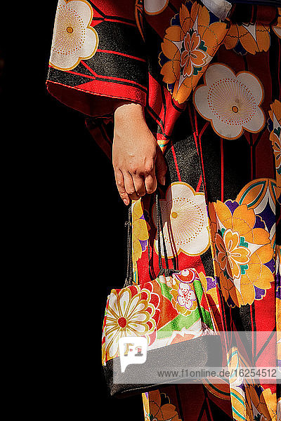 Details der Handtasche und des Geisha-Kleides einer japanischen Frau in einem Tempel; Tokio Japan