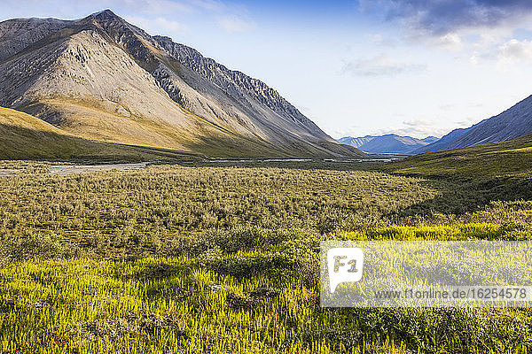Spätabends scheint Licht auf die Berge und die Tundra des Marsh Fork Valley  an einem sonnigen Abend im Spätsommer  Brooks Range  Arctic National Wildlife Refuge; Alaska  Vereinigte Staaten von Amerika