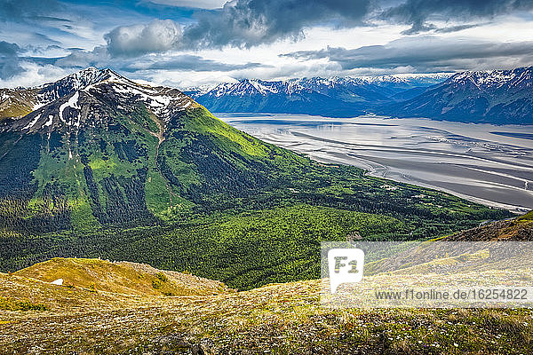 View of Bird Creek Valley and Turnagain Arm from Bird Ridge  Chugach State Park  South-central Alaska in summertime; Alaska  United States of America