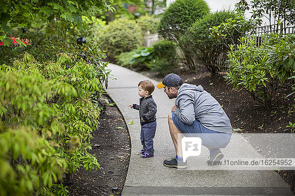 A father crouches near his young daughter on a path as they discover nature; North Vancouver  British Columbia  Canada