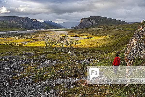 Eine Frau in rotem Mantel geht auf das Sonnenlicht zu  das die Tundra nach einem Regensturm im Spätsommer erhellt  Upper Marsh Fork Valley  Brooks Range  Arctic National Wildlife Refuge; Alaska  Vereinigte Staaten von Amerika