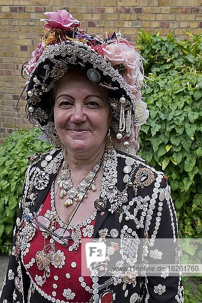 Woman member of the Original Pearly Queens and Kings Association of England. London UK.