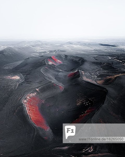 Aerial view  black volcanic crater  near Friðland að Fjallabaki  Iceland  Europe