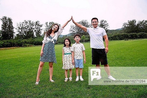 The joy of a family of four standing on the grass