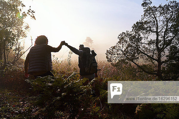 Silhouette eines jungen Paares  das im Morgengrauen im Wald wandert