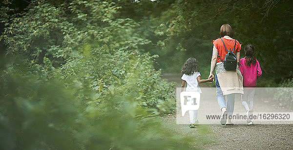 Mutter und Töchter wandern auf Waldwegen