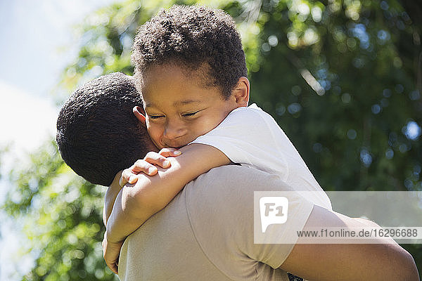 Happy affectionate son hugging father