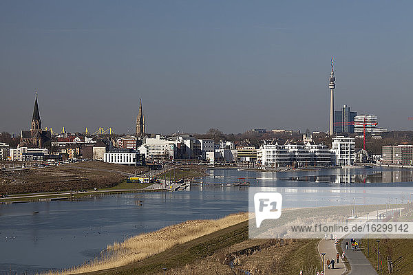 Germany  North Rhine-Westphalia  Dortmund-Hoerde  Phoenix-See  development area  in the background football stadium Signal-Iduna-Park