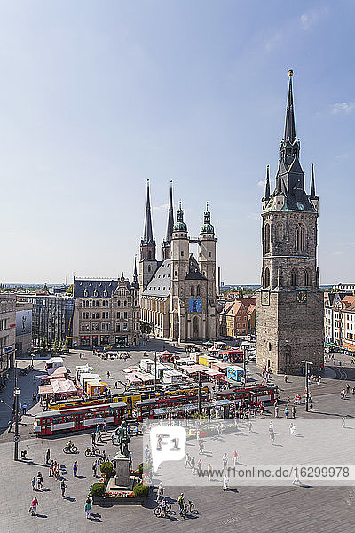 Germany  Saxony-Anhalt  Hallle  Market Square with Red Tower  Haendel Memorial and Market Church