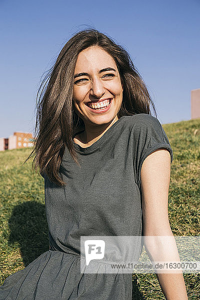 Schöne junge Frau  die lächelnd im Gras sitzt