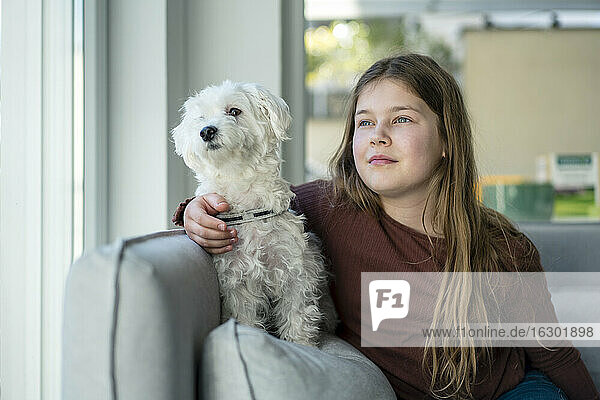 Cute girl with dog looking away in living room