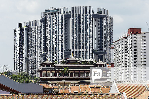 Singapur  Chinatown  Blick auf Dächer und Altbau vor Hochhäusern